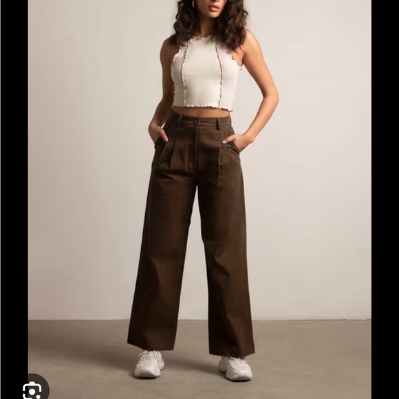 Urban Outfitters Brown Chevron Stitch High Waist Wide Leg Trousers - Picture 2 of 14